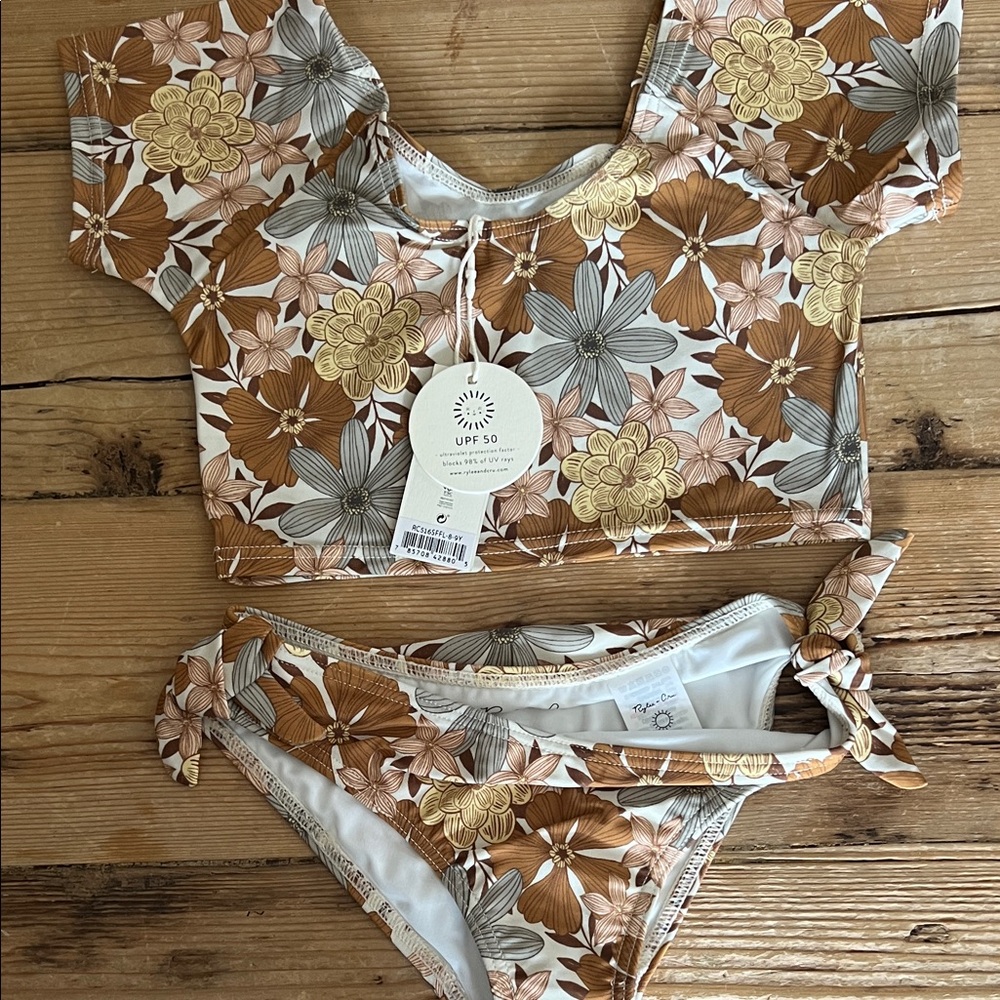 Rylee + Cru Girls Floral Bikini Set in Brown, Yellow, Cream